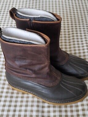 Sorel Brown Leather & Rubber Winter Pull-On Boots, Removable Wool Liner, Sz 10